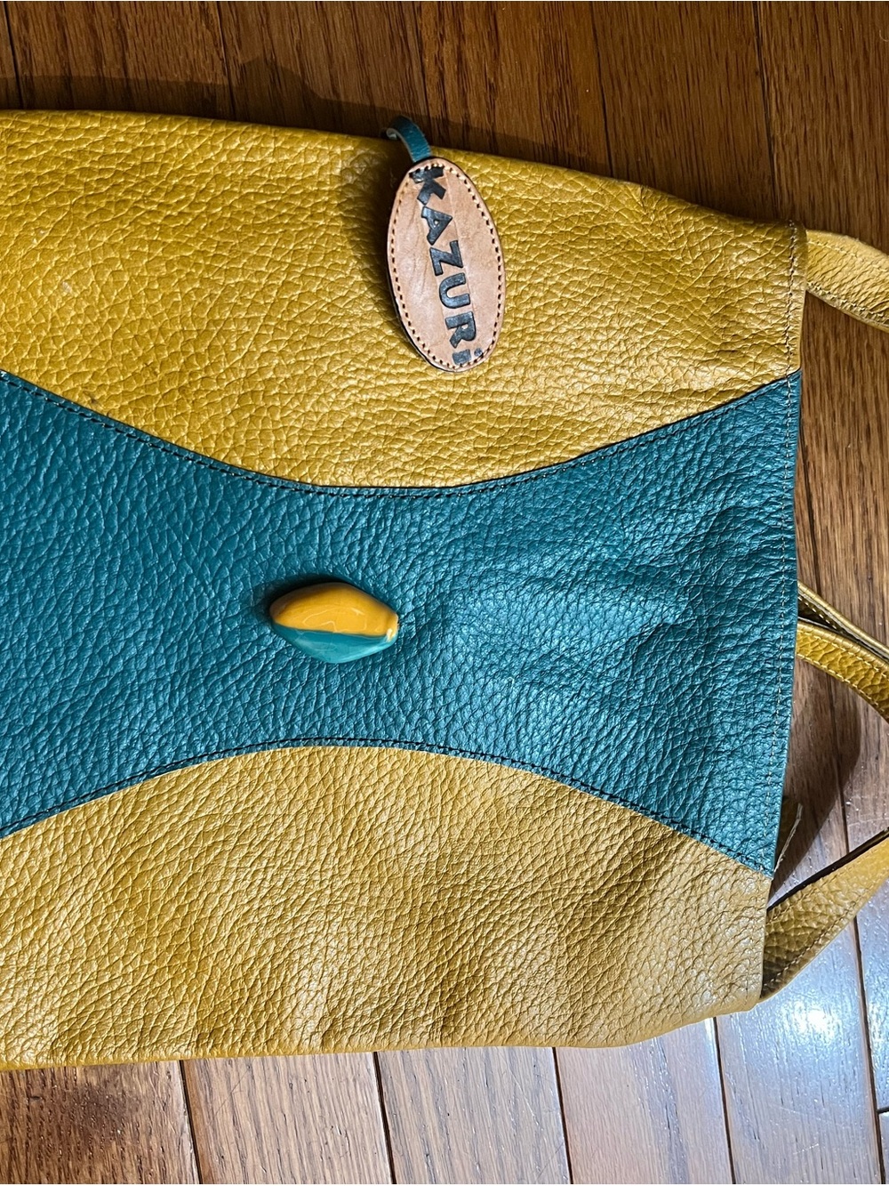 Kazuri Colorblock Leather Shoulder Bag in Mustard Yellow & Teal